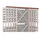 Warm-toned wood wine bottle display rack with grid dividers and straight top trim, 72 in