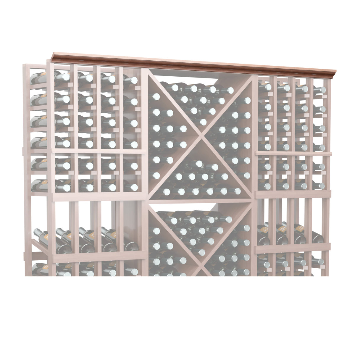 Warm-toned wood wine bottle display rack with grid dividers and straight top trim, 72 in