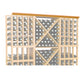 Light wood wine bottle rack with grid dividers and straight top trim, 72 in