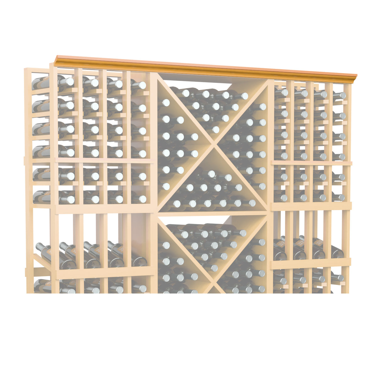 Light wood wine bottle rack with grid dividers and straight top trim, 72 in