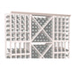 Wood wine bottle display rack with grid dividers and straight top trim, 72 in