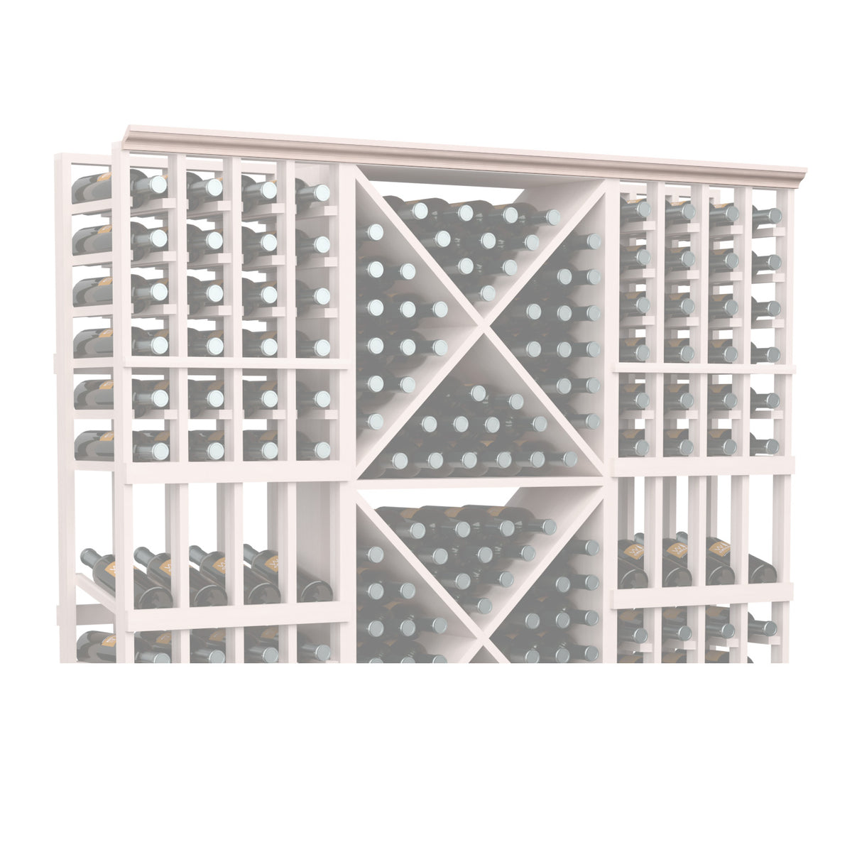 Wood wine bottle display rack with grid dividers and straight top trim, 72 in
