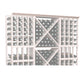 Wood wine bottle display rack with grid dividers and straight top trim, 72 in