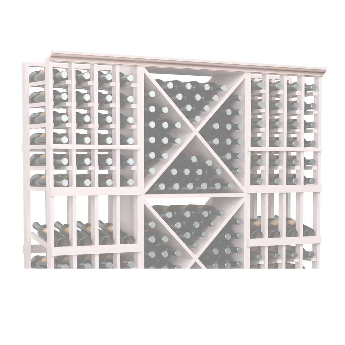 Wood wine bottle display rack with grid dividers and straight top trim, 72 in