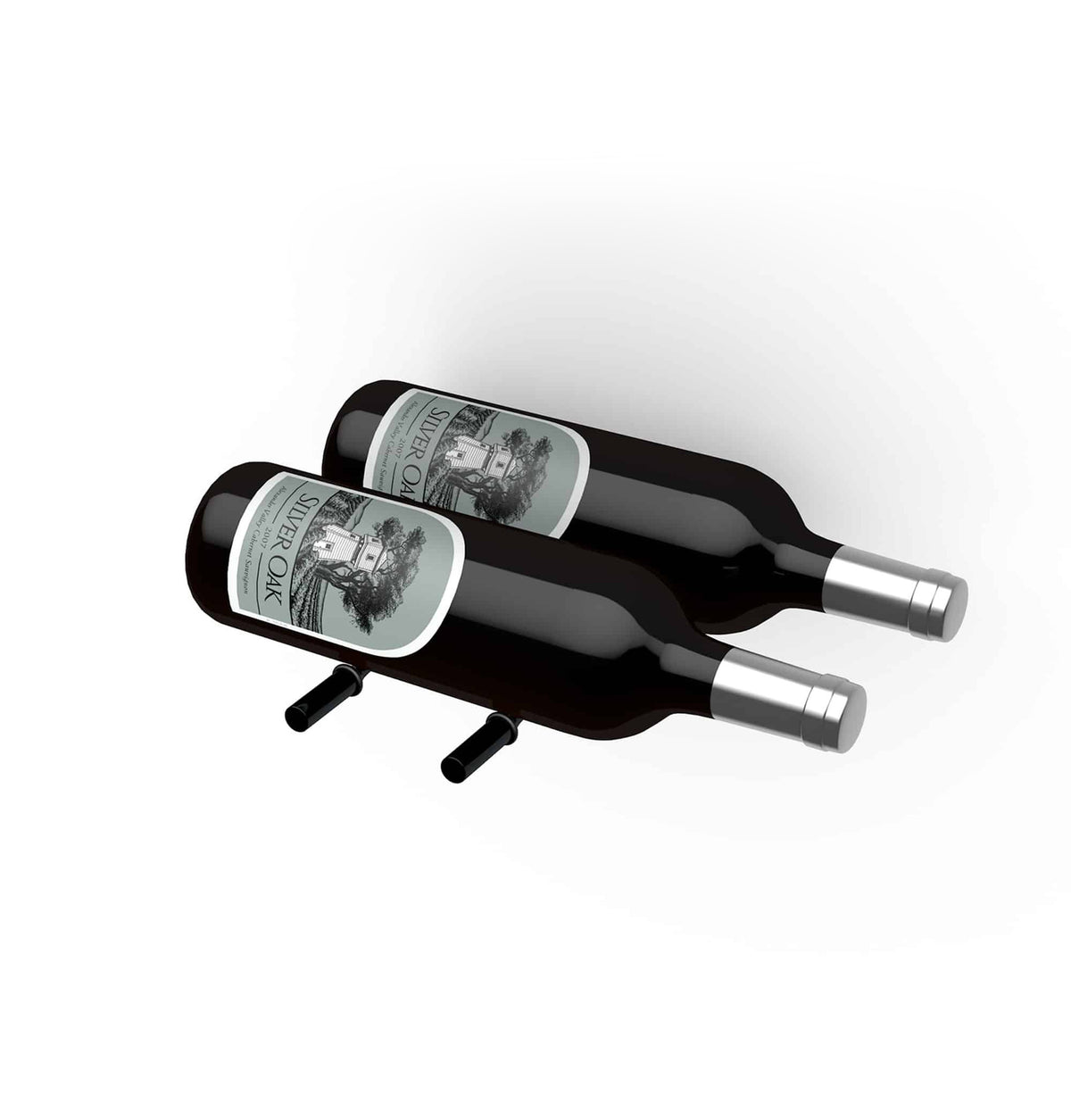 Two wine peg bottle holders with dark bottles and silver metal pegs