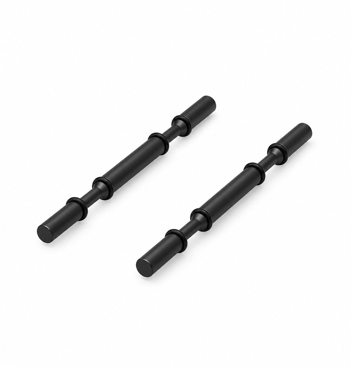 Matte black wine bottle display pegs with black spacer rings and two bars