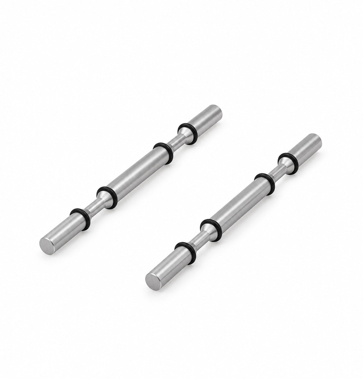 Brushed aluminum wine bottle display pegs with black rings and two rod bars