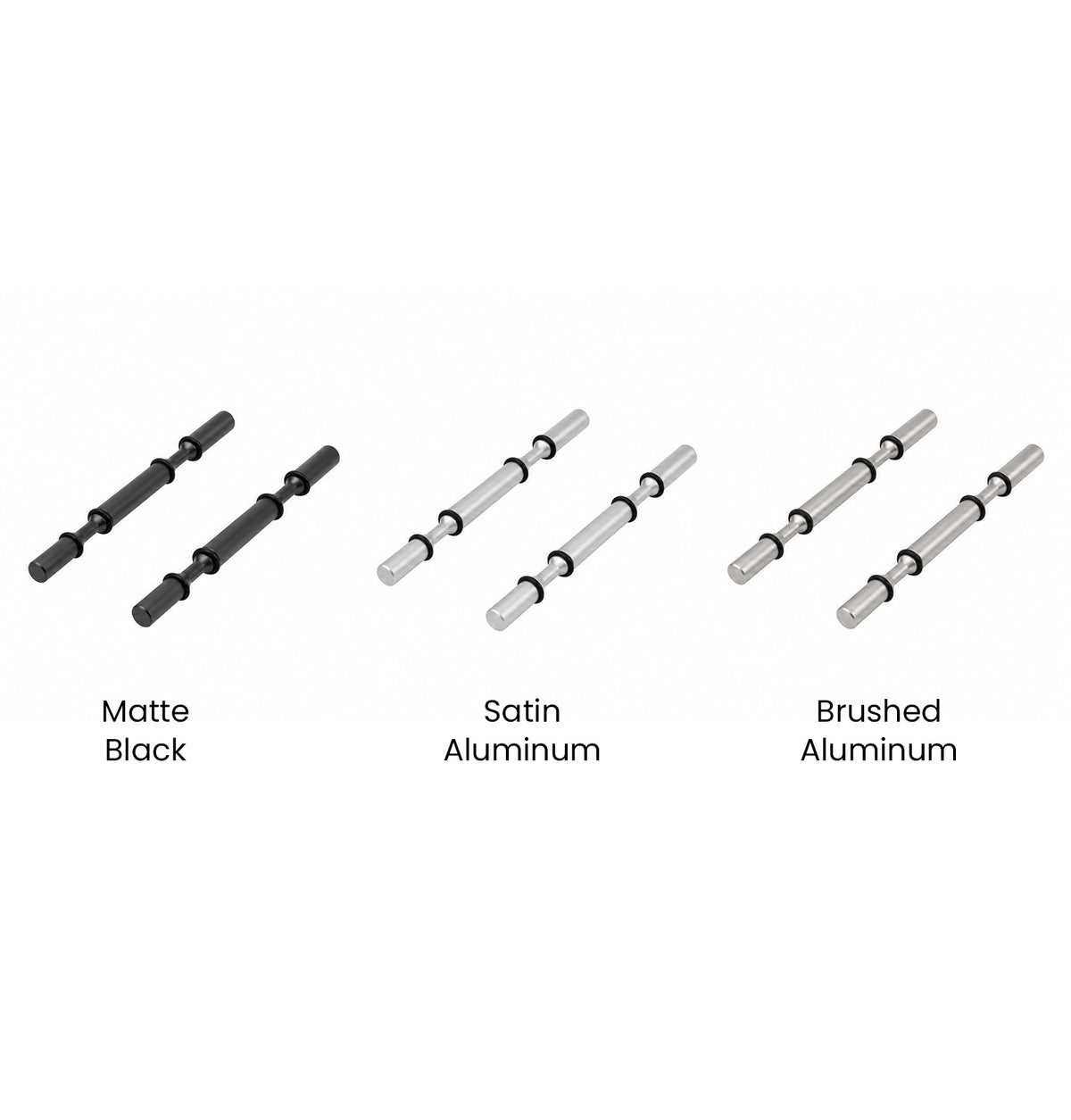 Wine bottle display pegs set in matte black, satin aluminum, and brushed aluminum