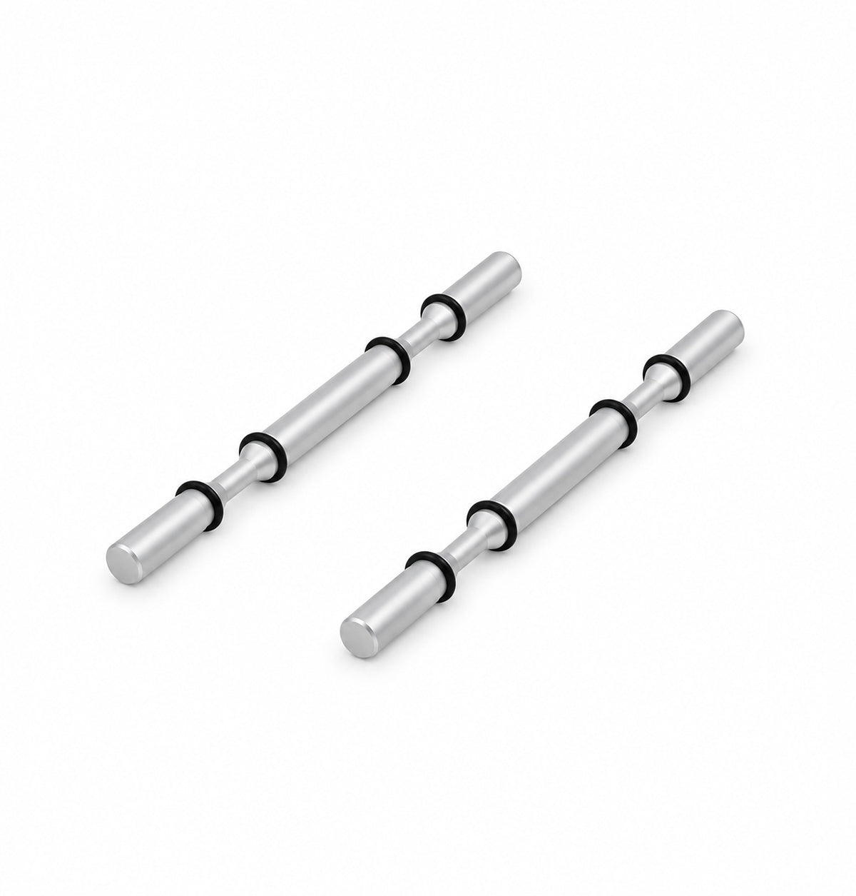 Two silver wine peg rods with black rings and rounded caps