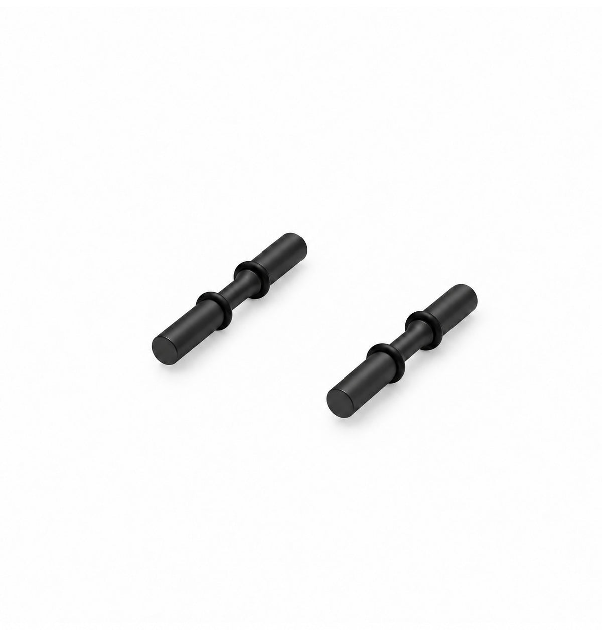 Matte black wine bottle display pegs with two horizontal rods and end caps