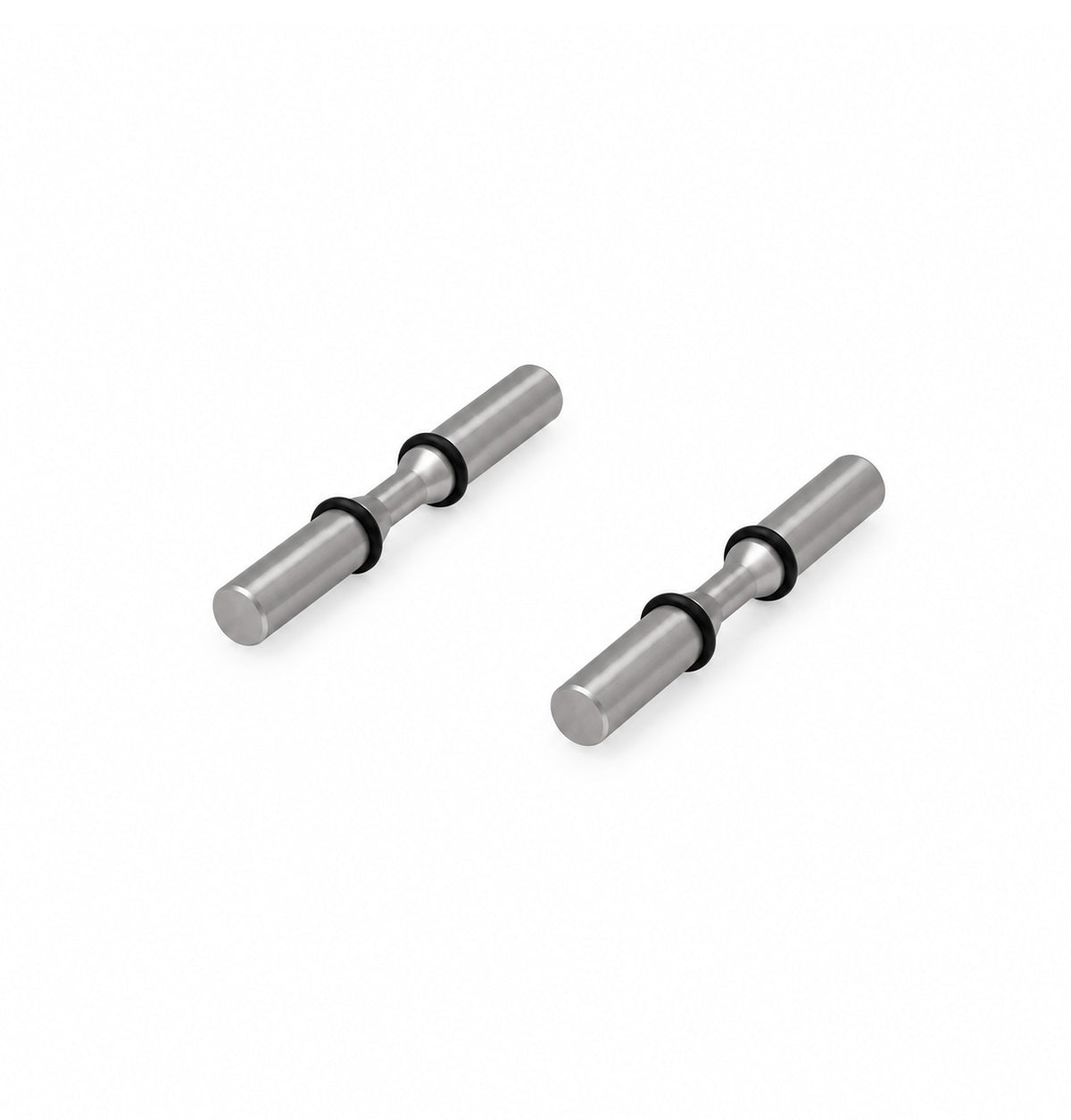 Two silver wine pegs with black banded connectors and rounded ends