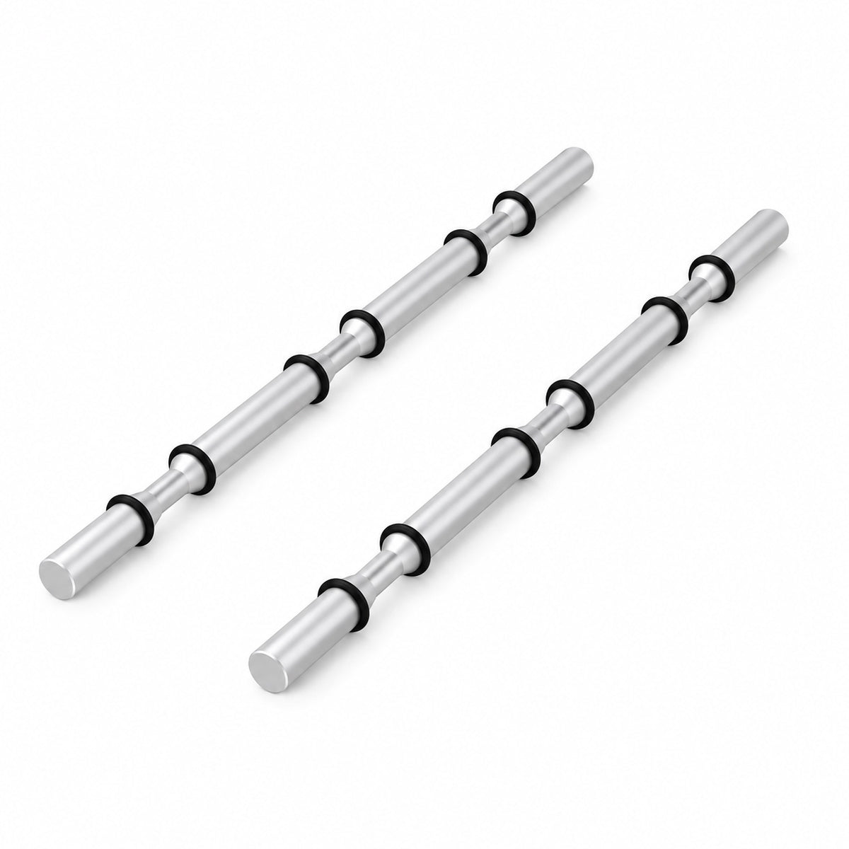 Satin aluminum wine bottle display pegs with black rings and two rod bars