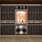 Wine cellar wall with grid bottle storage, central display panel, and wood base flooring.