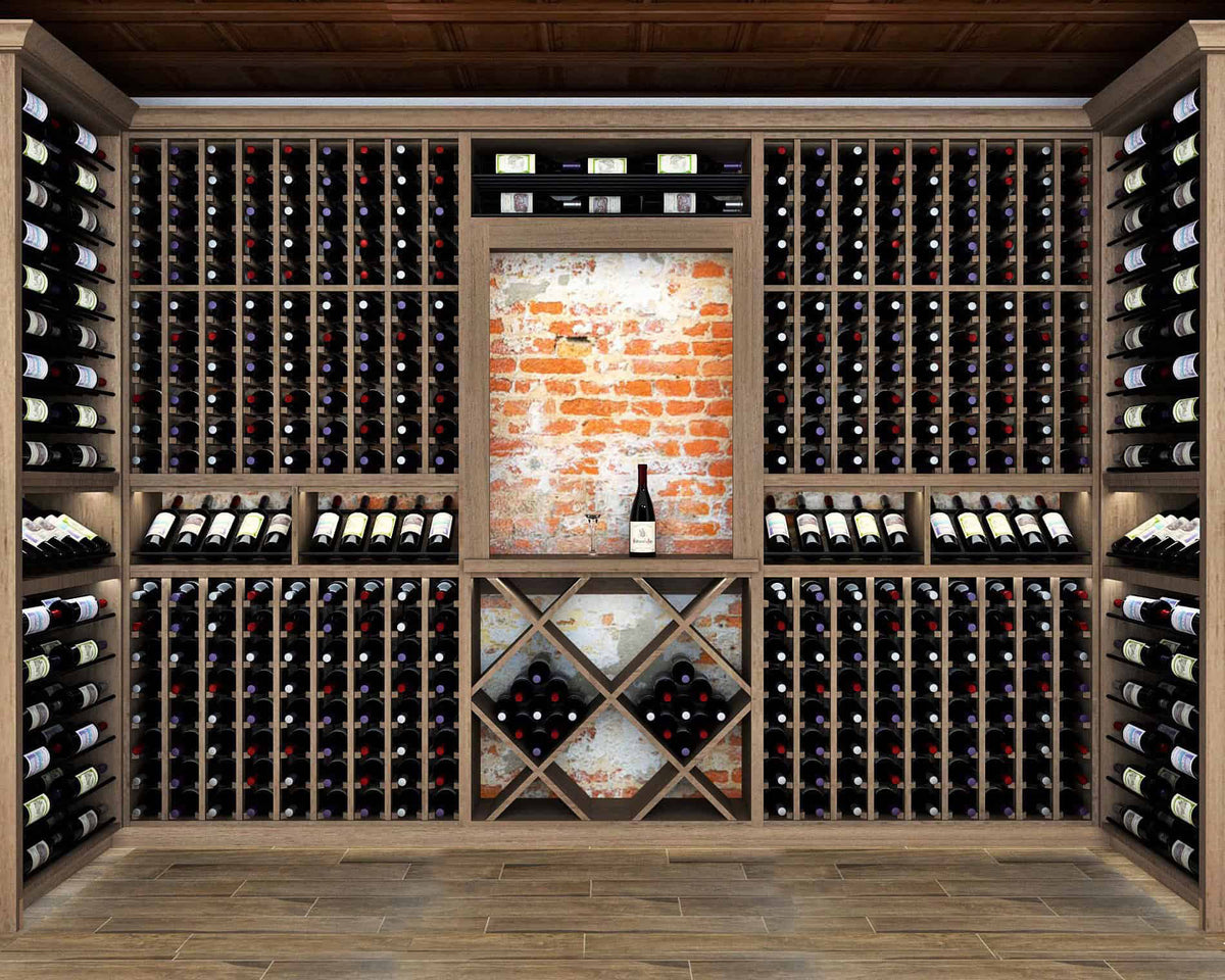 Wine cellar wall with grid bottle storage, central display panel, and wood base flooring.