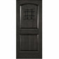 Dark wood wine cellar door with arched top, iron speakeasy grille, and recessed panels