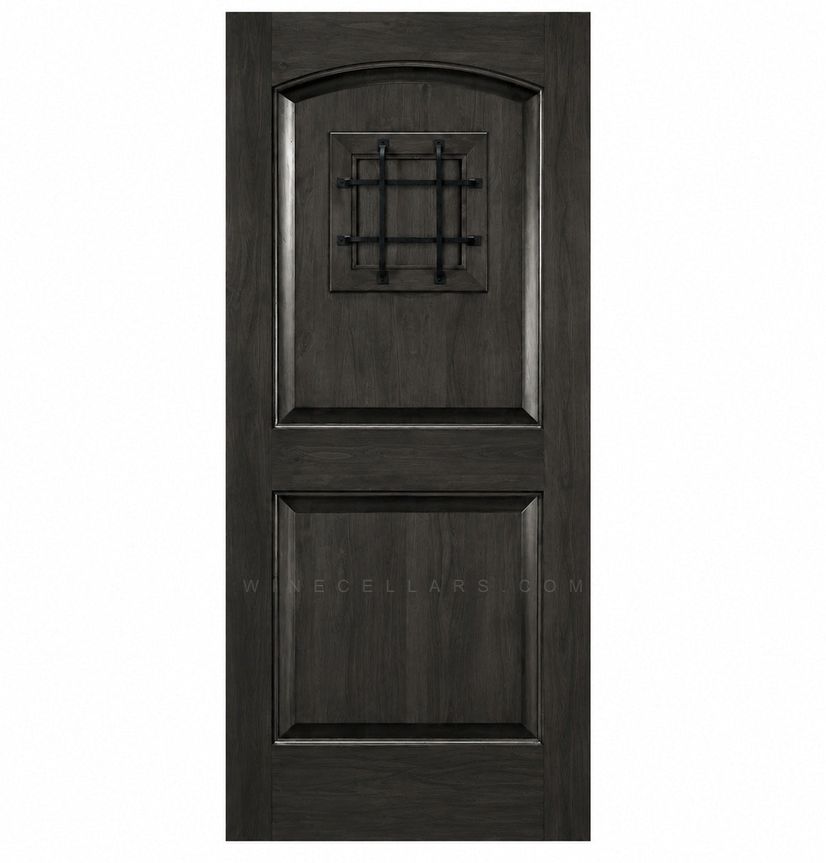Dark wood wine cellar door with arched top, iron speakeasy grille, and recessed panels
