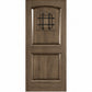 Light brown wine cellar door with arched top, iron speakeasy grille, and recessed panels