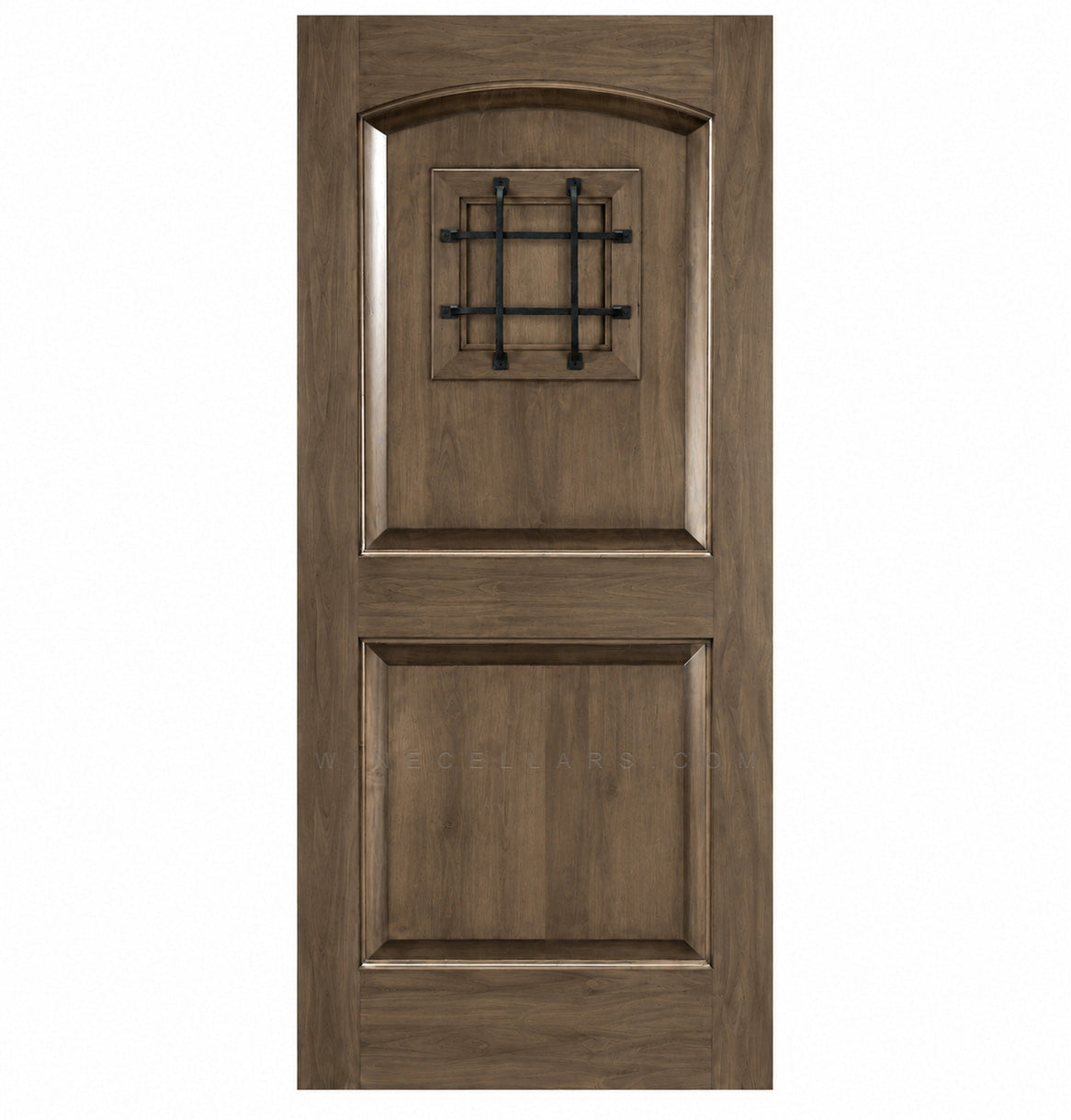 Light brown wine cellar door with arched top, iron speakeasy grille, and recessed panels