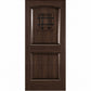 Medium brown wood wine cellar door with arched top, iron speakeasy grille, and recessed panels
