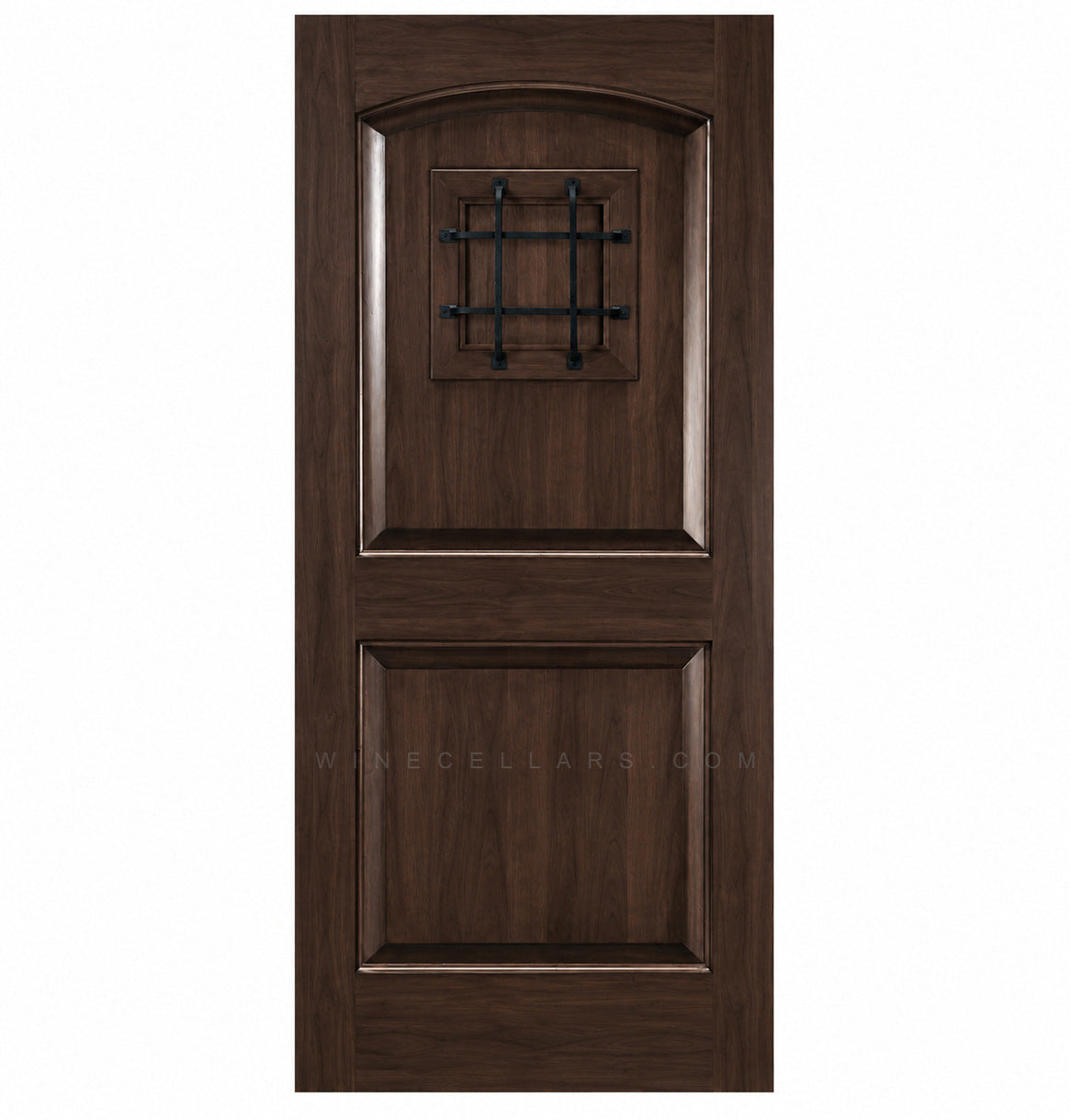 Medium brown wood wine cellar door with arched top, iron speakeasy grille, and recessed panels