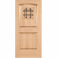Light wood wine cellar door with arched top, iron speakeasy grille, and recessed panels