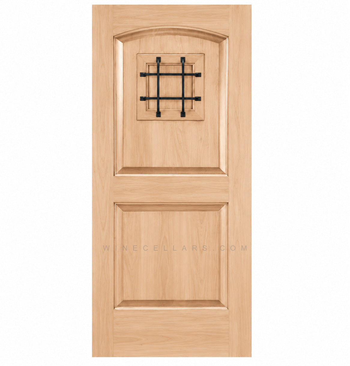 Light wood wine cellar door with arched top, iron speakeasy grille, and recessed panels