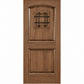 Warm brown wood wine cellar door with arched top, iron speakeasy grille, and recessed panels
