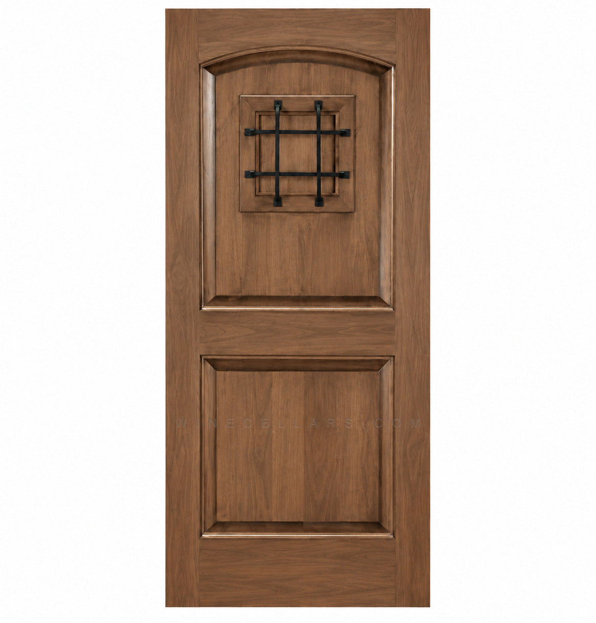 Warm brown wood wine cellar door with arched top, iron speakeasy grille, and recessed panels