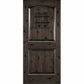 Dark stained wood wine cellar door with arched top, iron speakeasy grille, and recessed panels