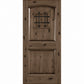Pale brown wood wine cellar door with arched top, iron speakeasy grille, and recessed panels