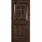 Brown wood wine cellar door with arched top, iron speakeasy grille, and recessed panels