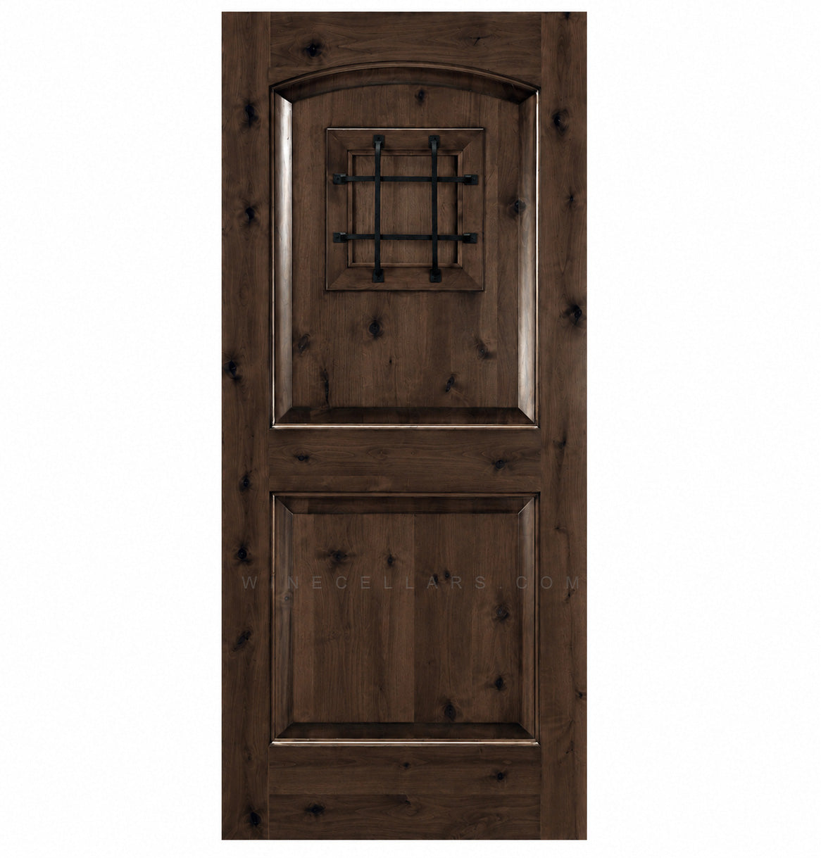 Brown wood wine cellar door with arched top, iron speakeasy grille, and recessed panels