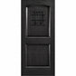 Dark wood wine cellar door with arched top and black wrought-iron speakeasy grate