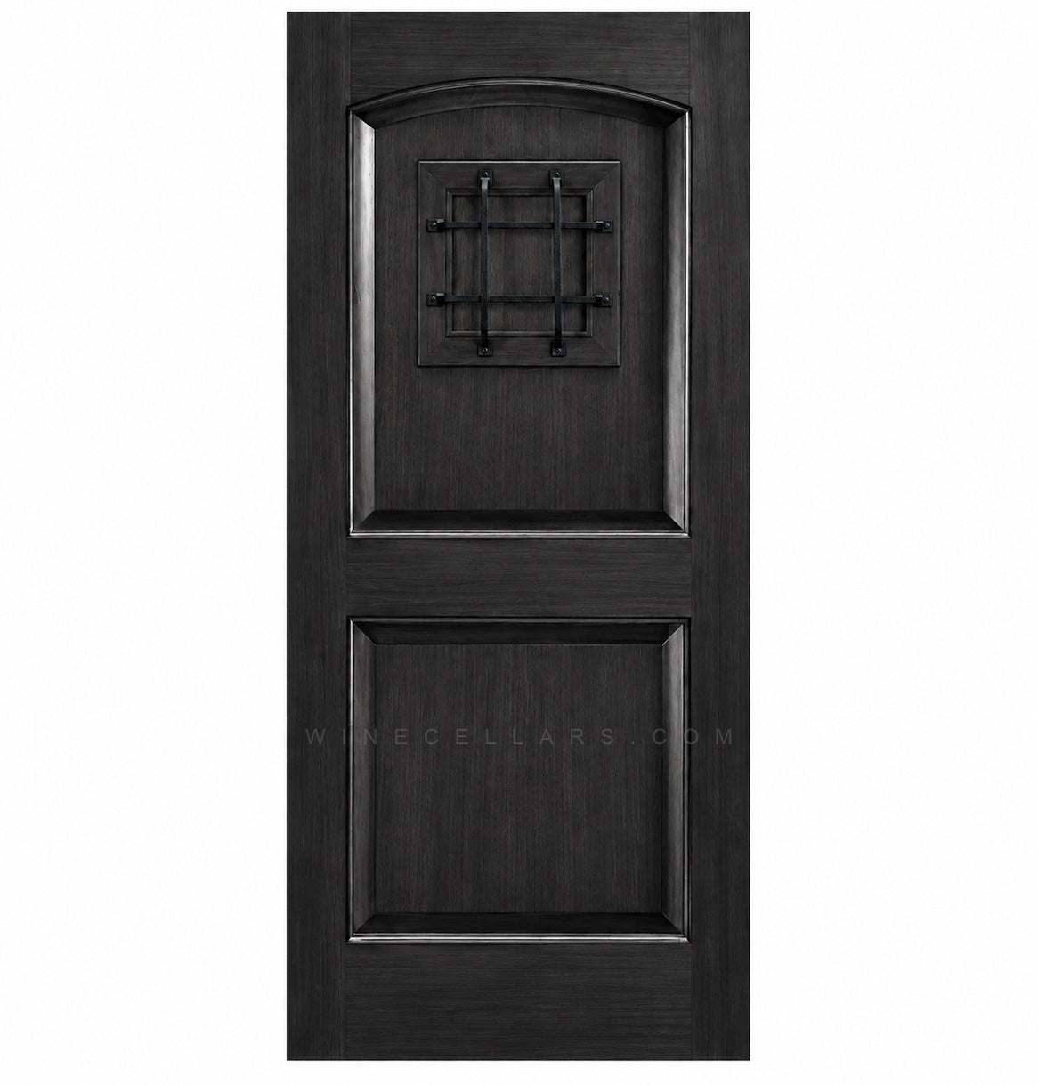 Dark wood wine cellar door with arched top and black wrought-iron speakeasy grate