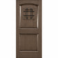 Light brown wine cellar door with arched top and black wrought-iron speakeasy grate