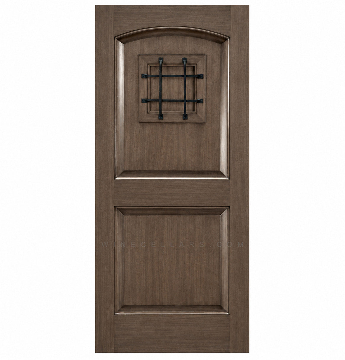 Light brown wine cellar door with arched top and black wrought-iron speakeasy grate