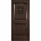 Dark brown wine cellar door with arched top and black wrought-iron speakeasy grate