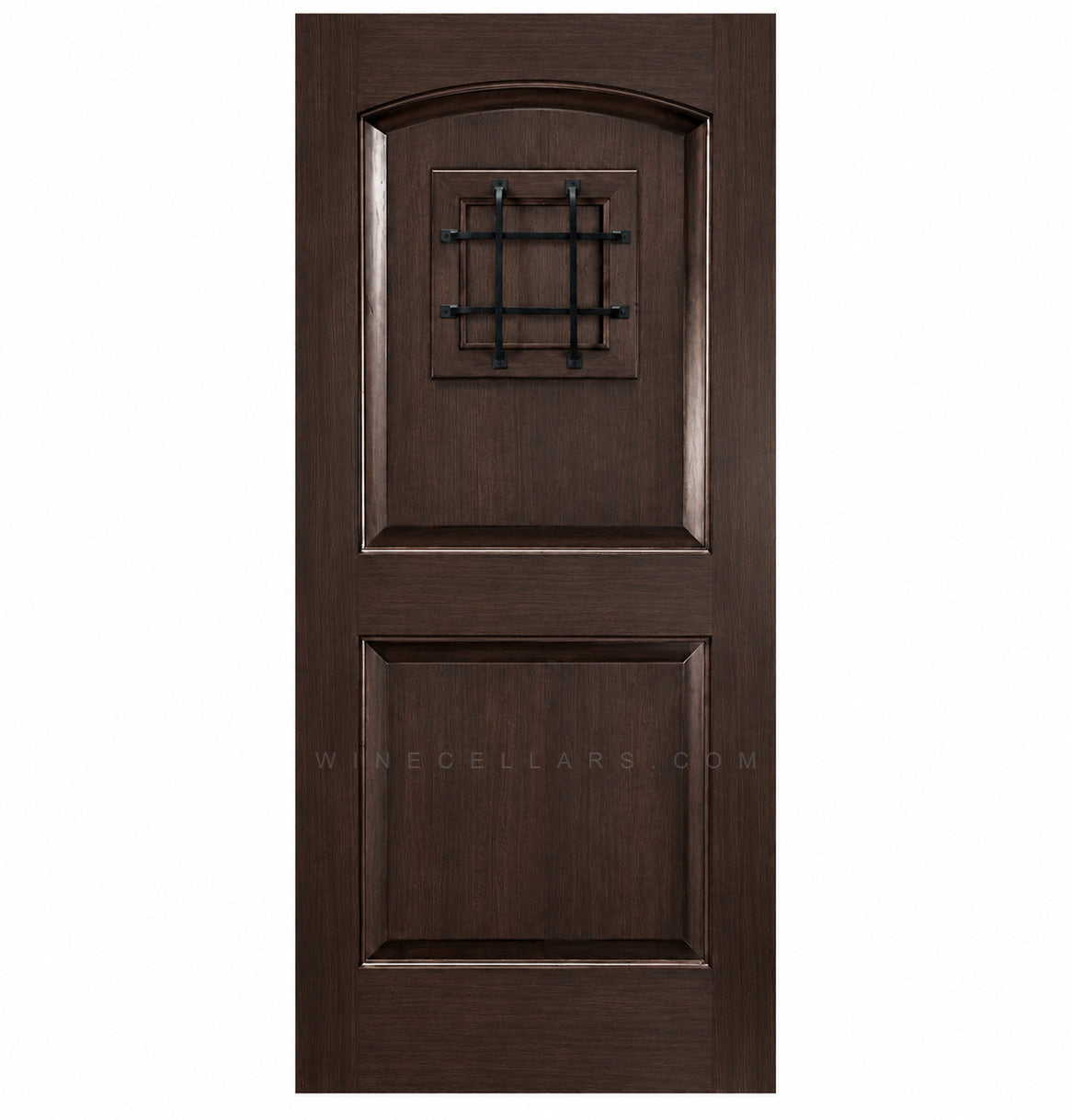 Dark brown wine cellar door with arched top and black wrought-iron speakeasy grate