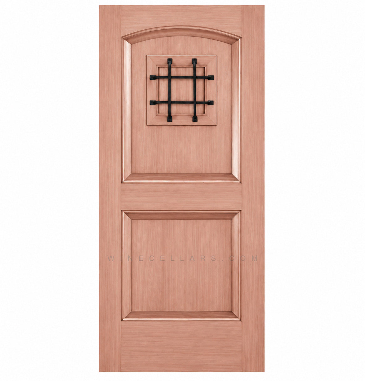 Light wood wine cellar door with arched top and black wrought-iron speakeasy grate