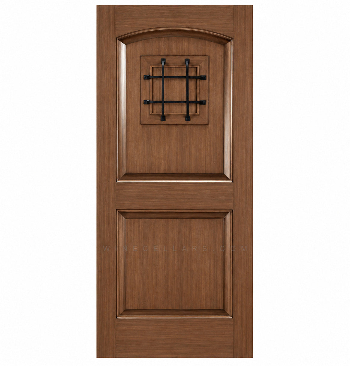Warm brown wine cellar door with arched top and black wrought-iron speakeasy grate