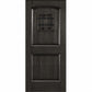 Charcoal wood wine cellar door with arched top and black wrought-iron speakeasy grate