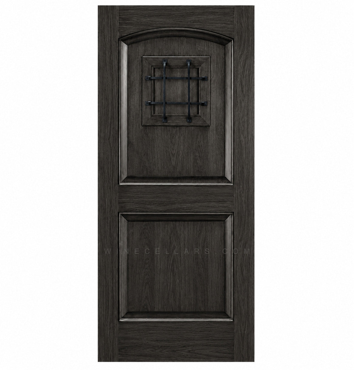 Charcoal wood wine cellar door with arched top and black wrought-iron speakeasy grate