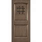 Tan wood wine cellar door with arched top and black wrought-iron speakeasy grate