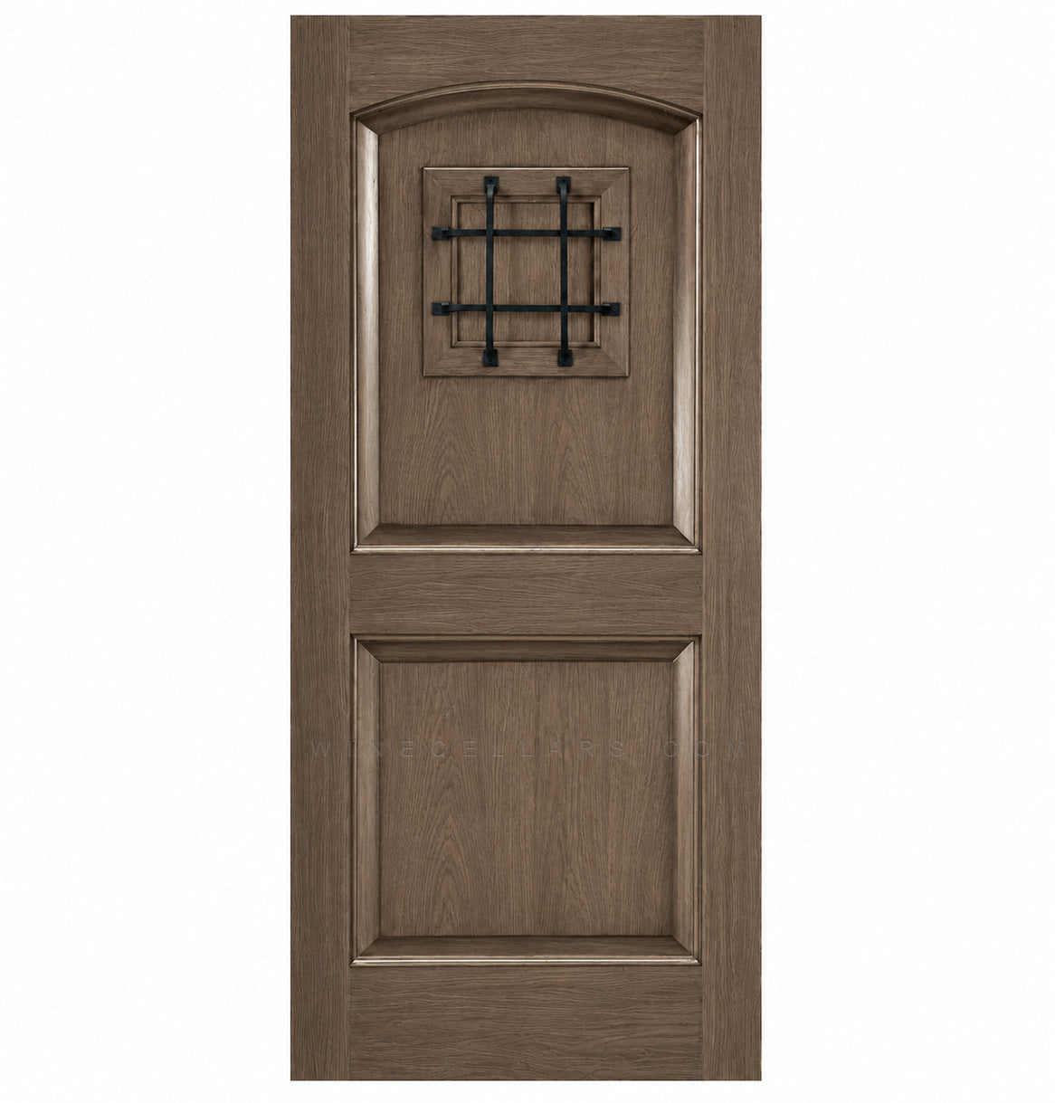 Tan wood wine cellar door with arched top and black wrought-iron speakeasy grate