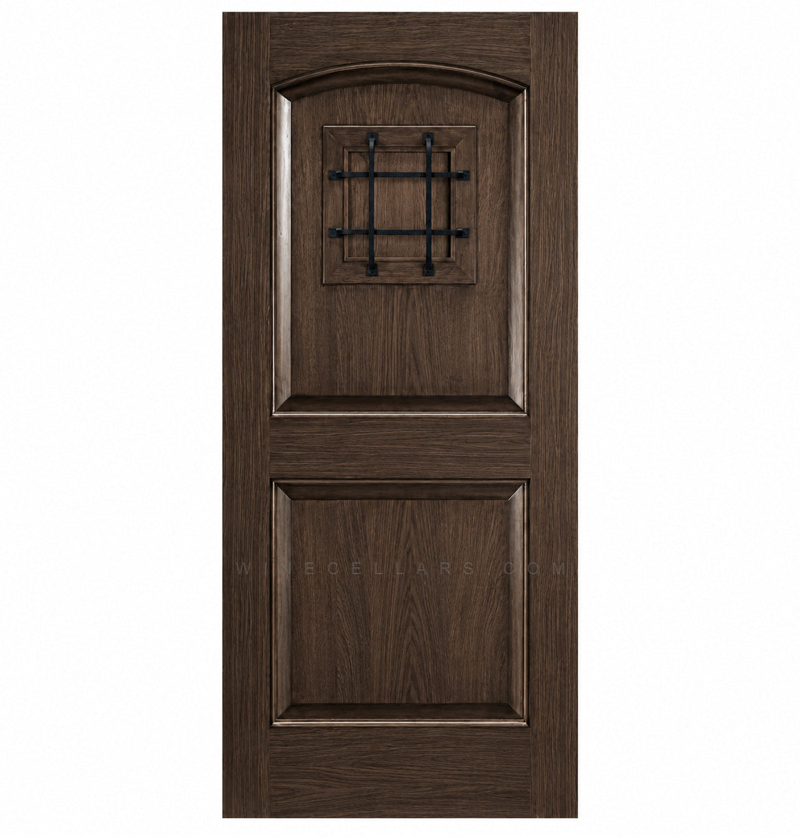 Rich dark wood wine cellar door with arched top and black wrought-iron speakeasy grate