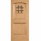 Light oak-colored wine cellar door with arched top and black wrought-iron speakeasy grate