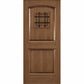 Medium brown wine cellar door with arched top and black wrought-iron speakeasy grate