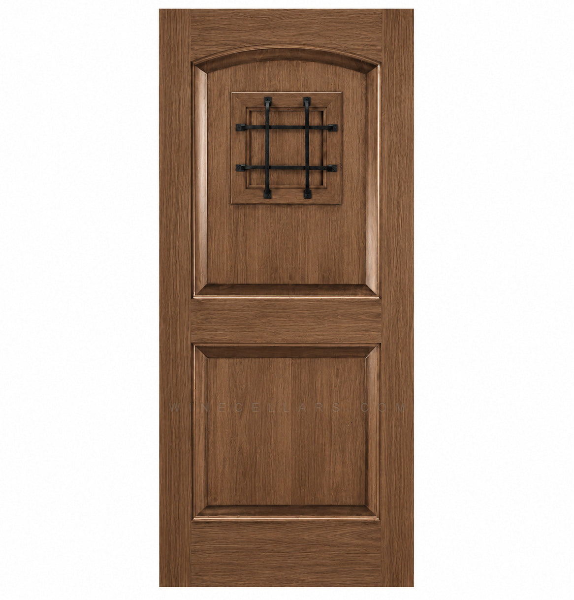 Medium brown wine cellar door with arched top and black wrought-iron speakeasy grate