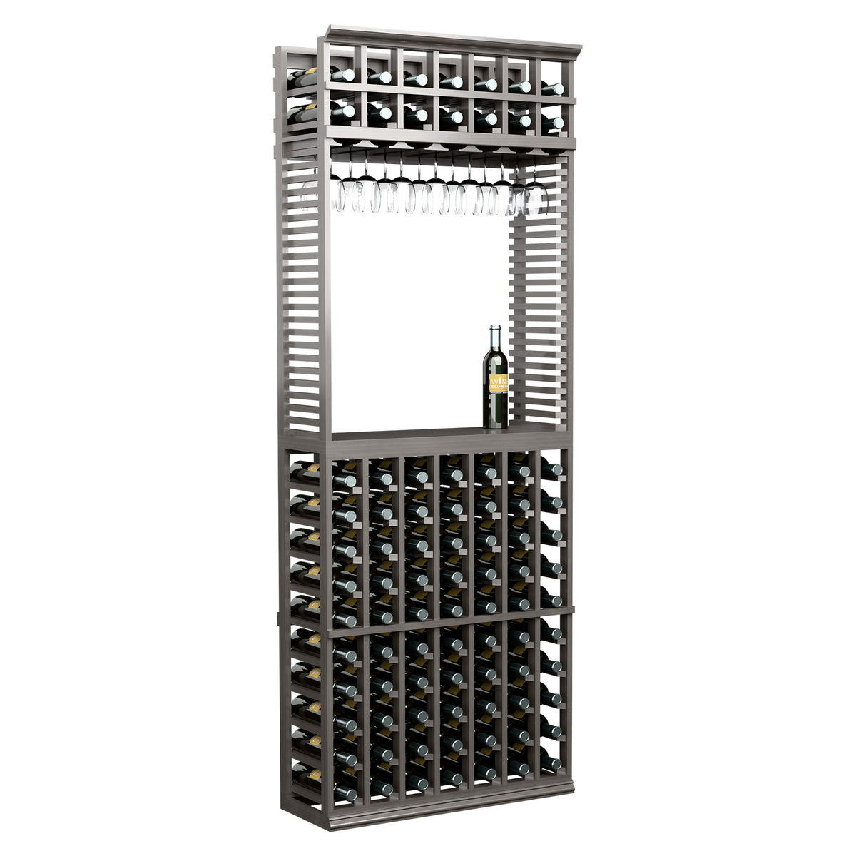 Wine tasting station with bottle racks and under-shelf stemware rack, dark frame
