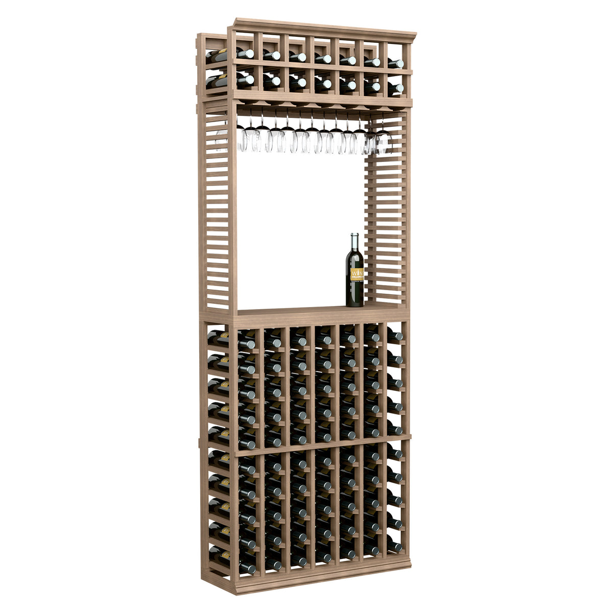 Light gray wood wine tasting station with bottle slots and hanging stemware rack